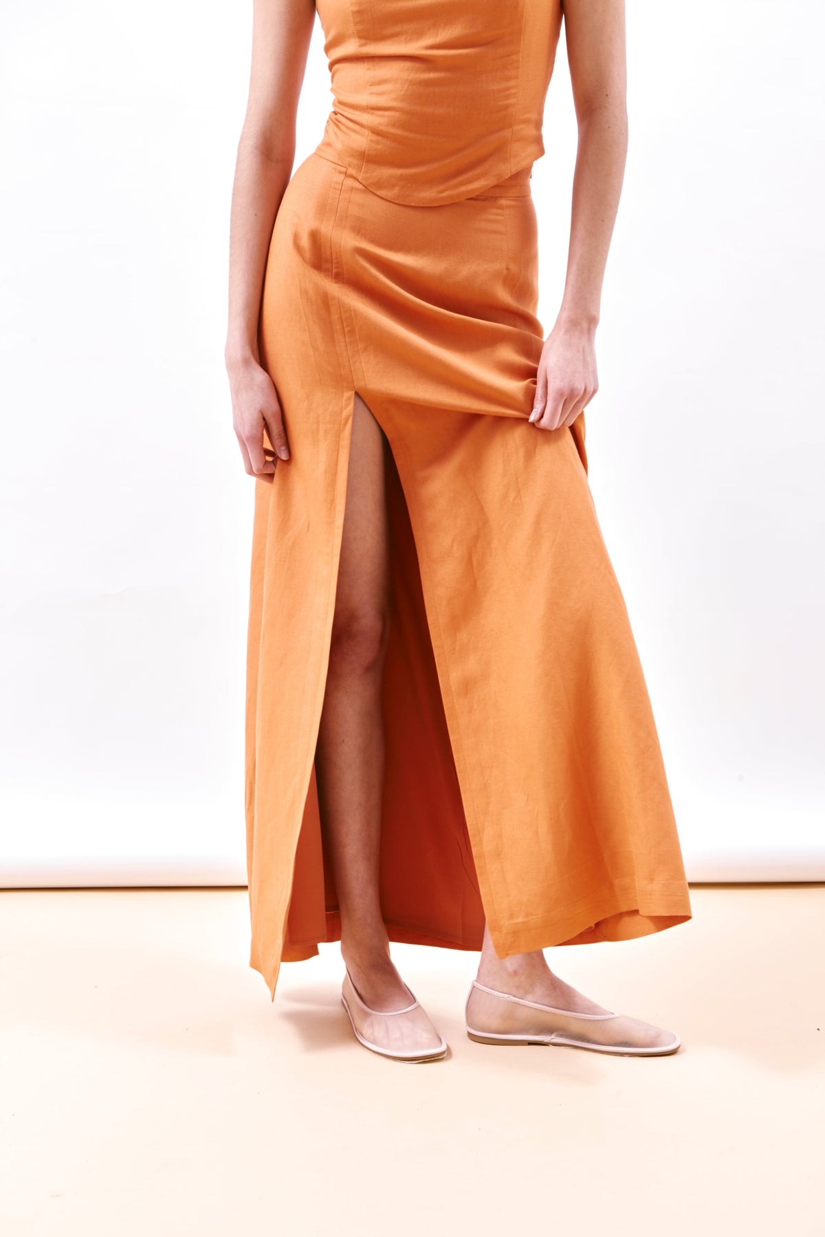 Orange Linen and Viscose Slit Maxi Skirt Amalfi