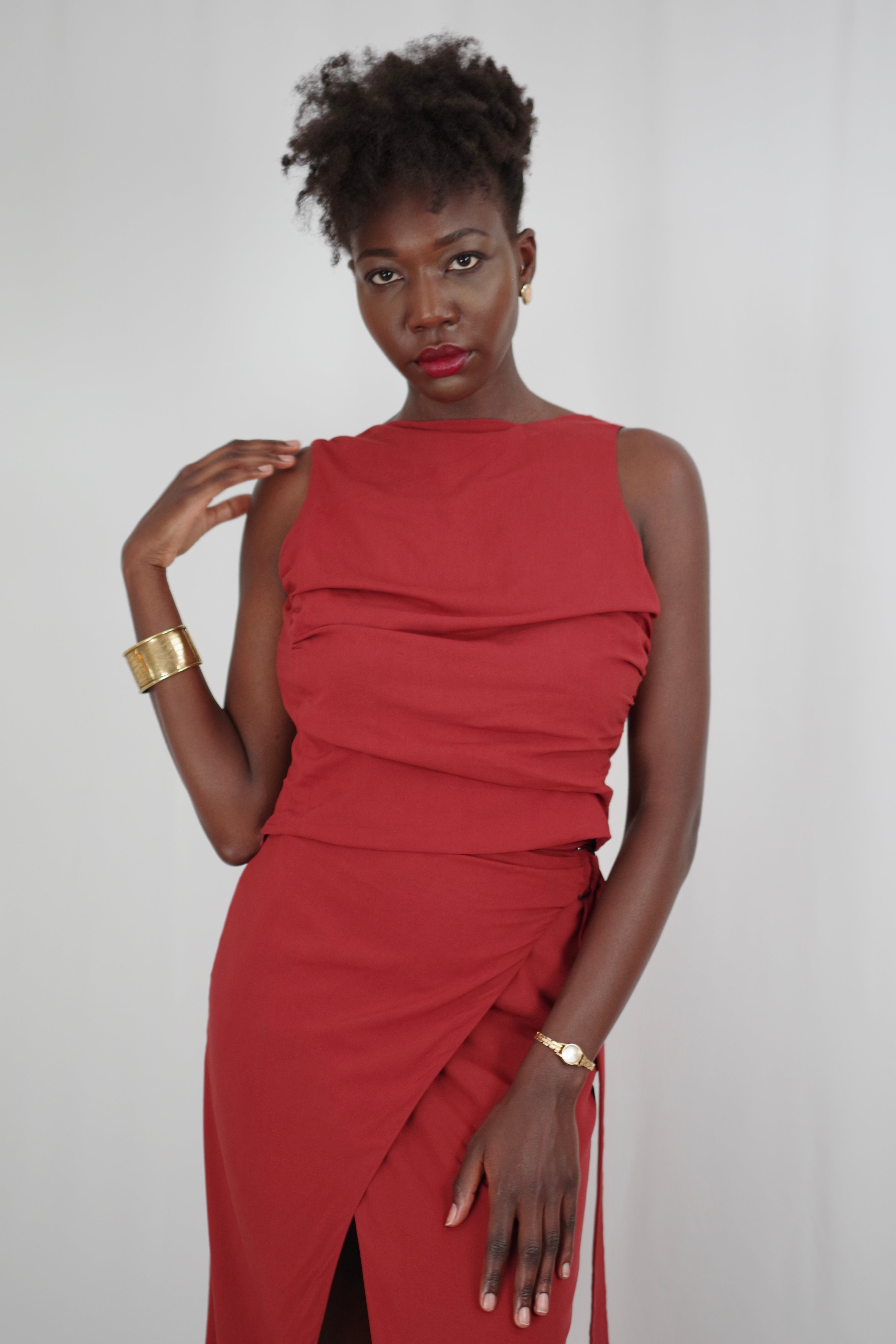 Marine Sleeveless Terracotta Top – Sculpted Curved Neckline