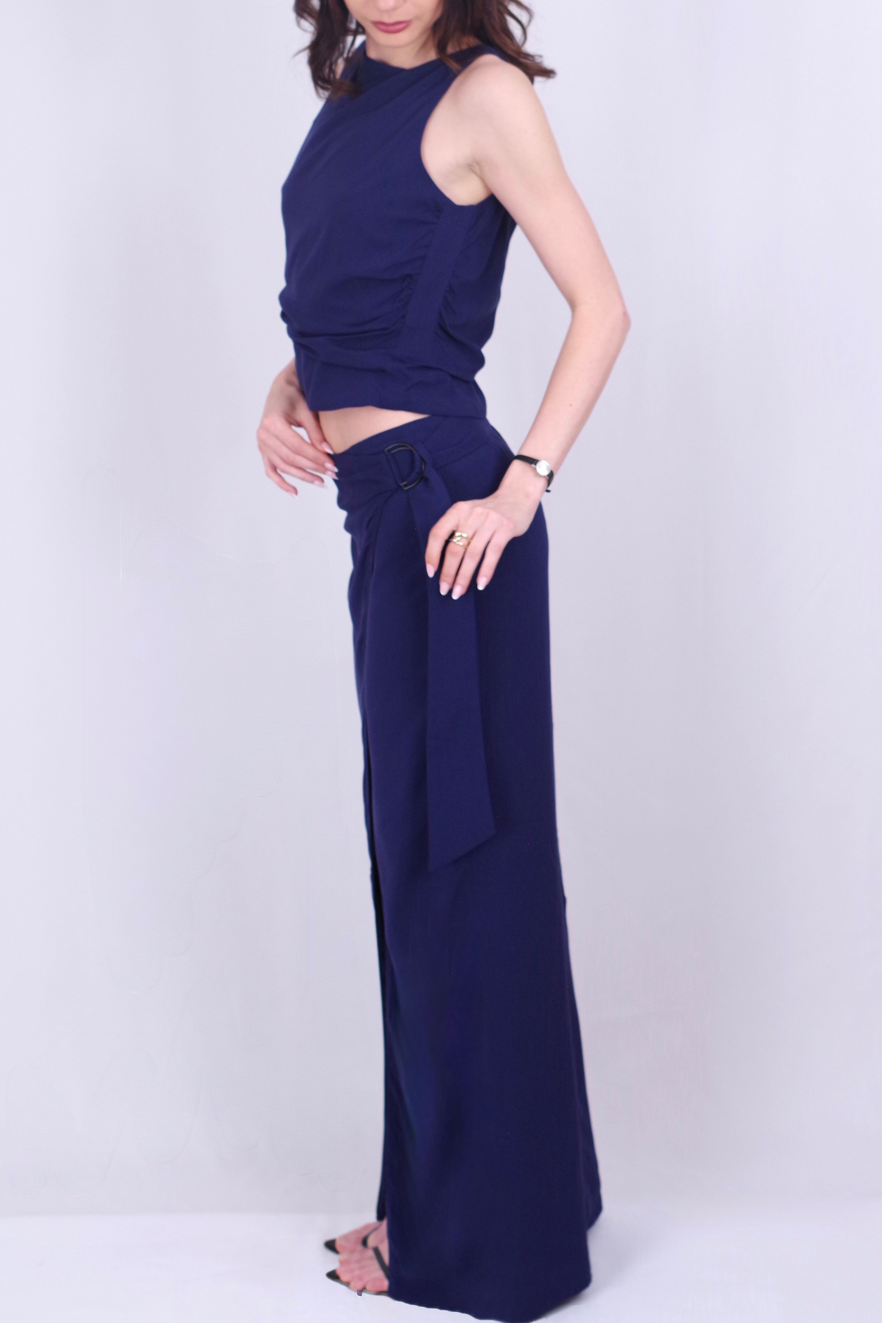 Women’s Wrap Navy Skirt Barbara – Midi Length, Buckle Detail, Summer Look