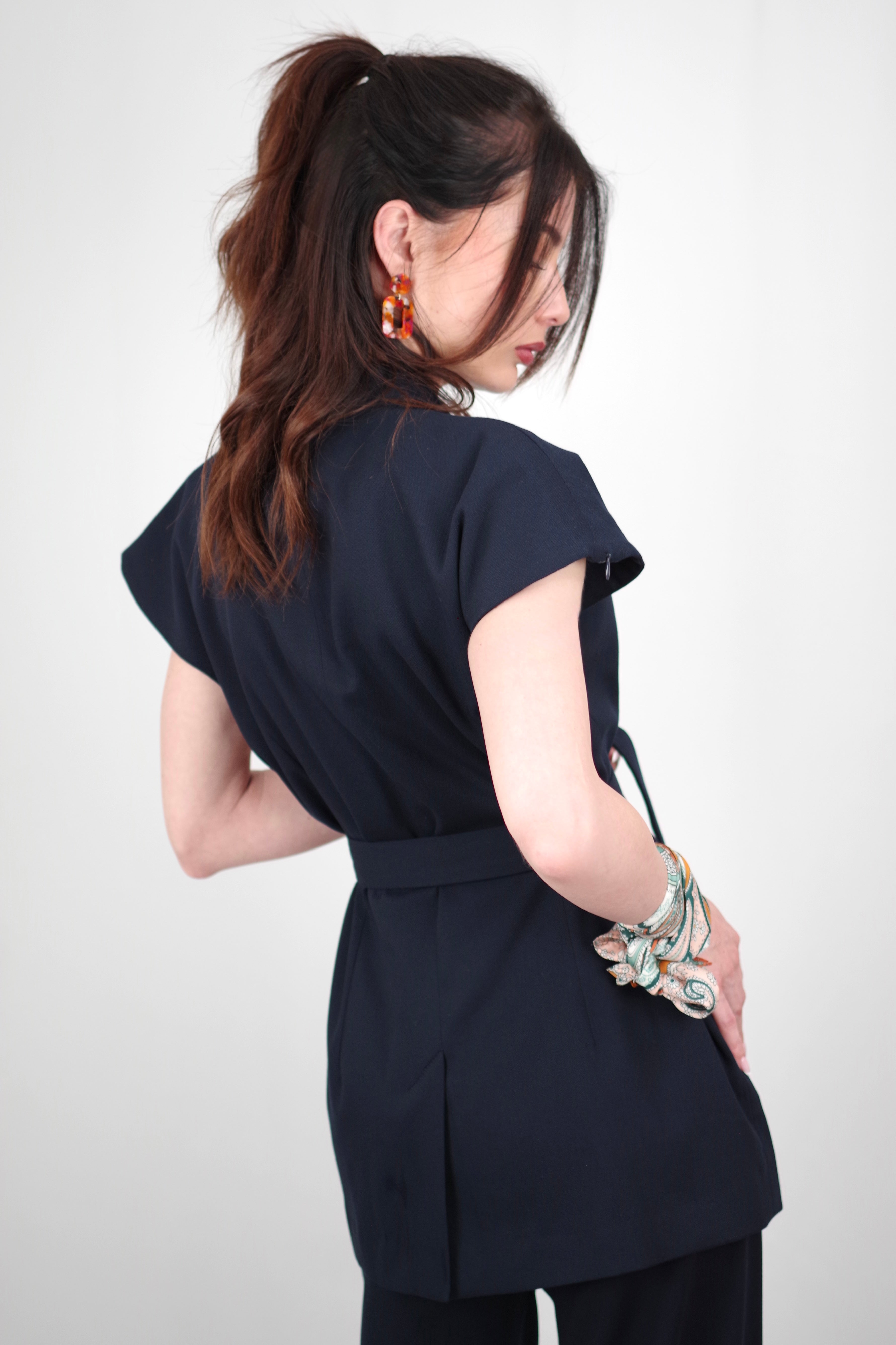 Amélia Women’s Versatile Vest – Short Sleeve, Belted, Navy