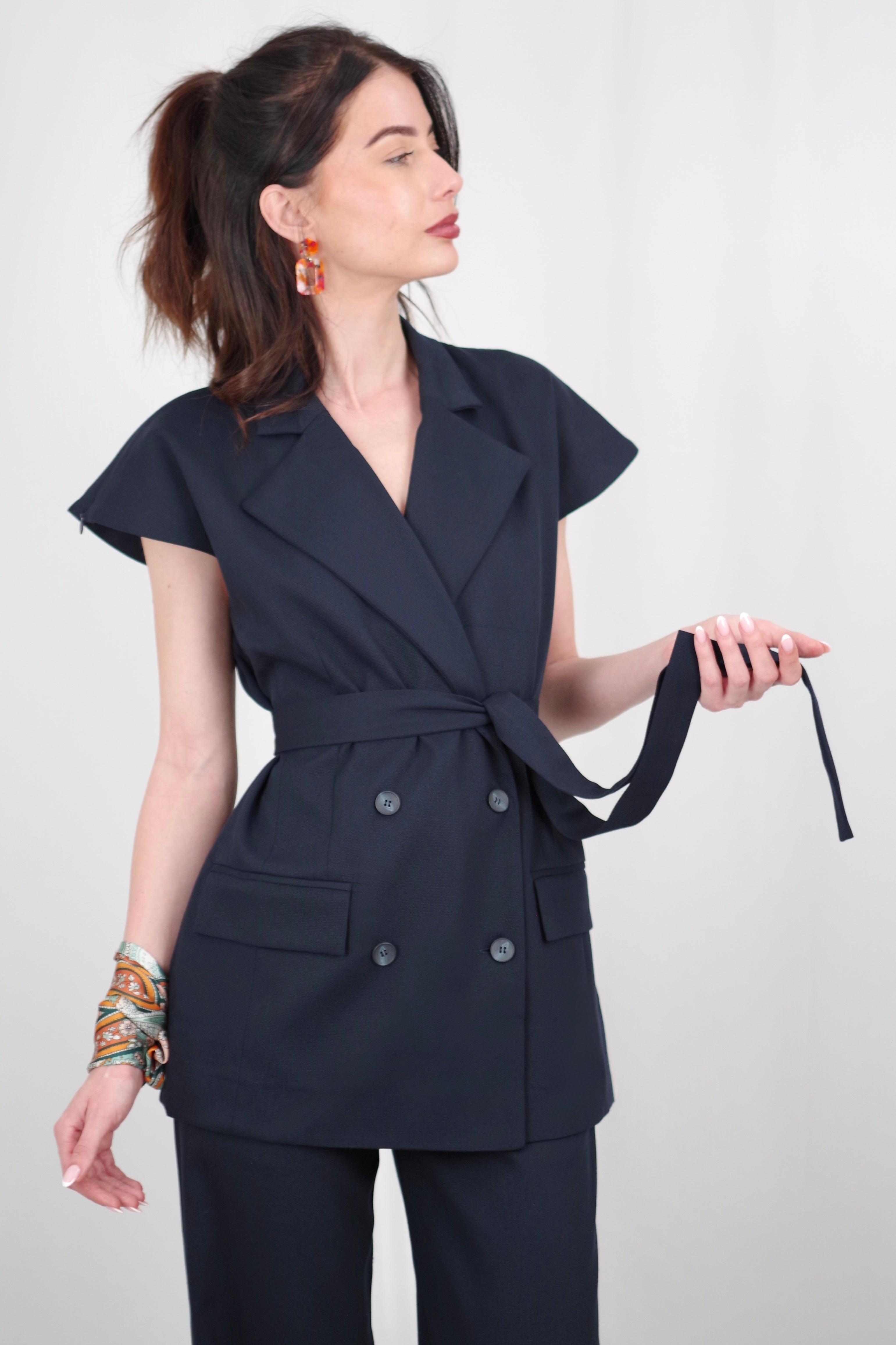 Amélia Women’s Versatile Vest – Short Sleeve, Belted, Navy