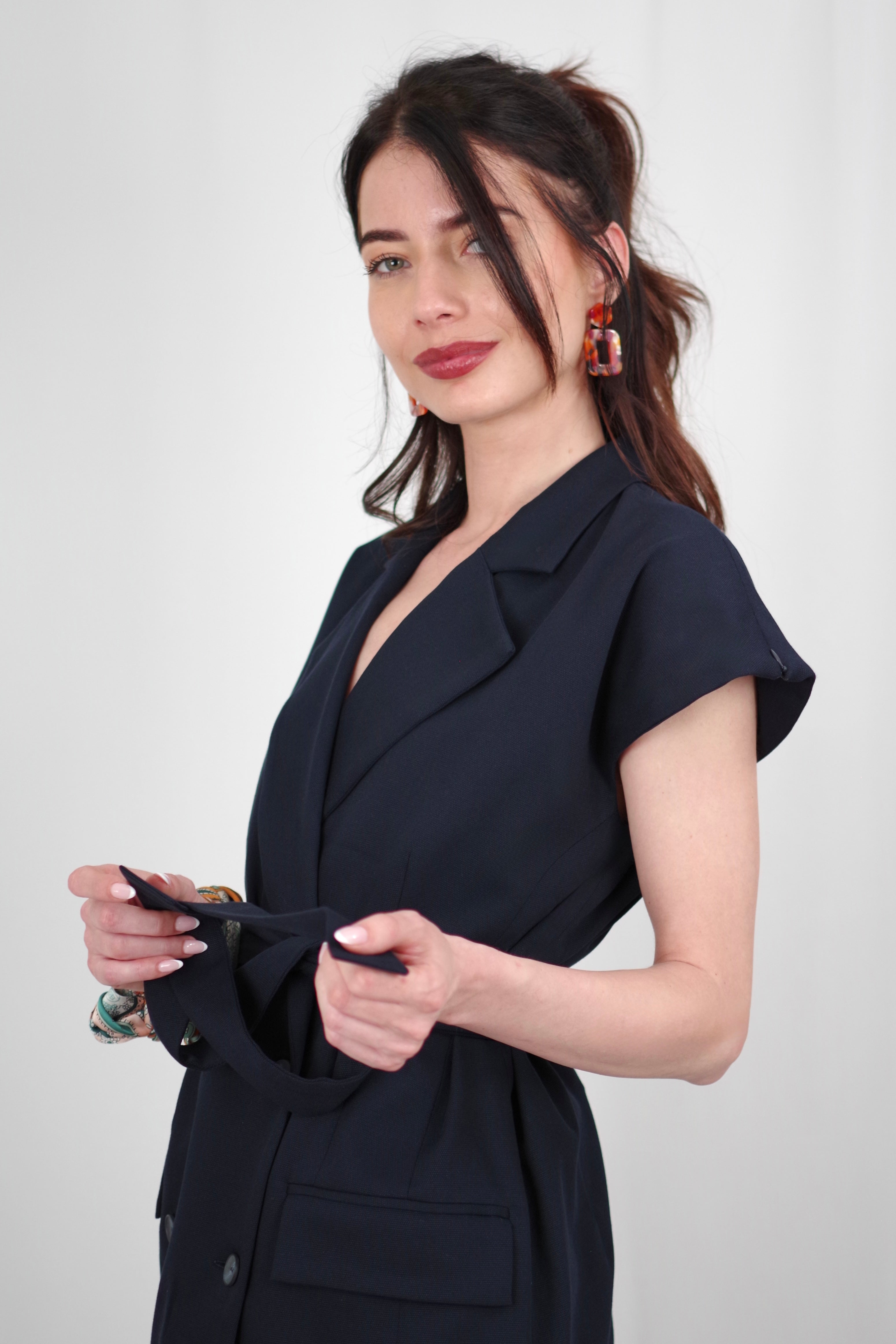 Amélia Women’s Versatile Vest – Short Sleeve, Belted, Navy