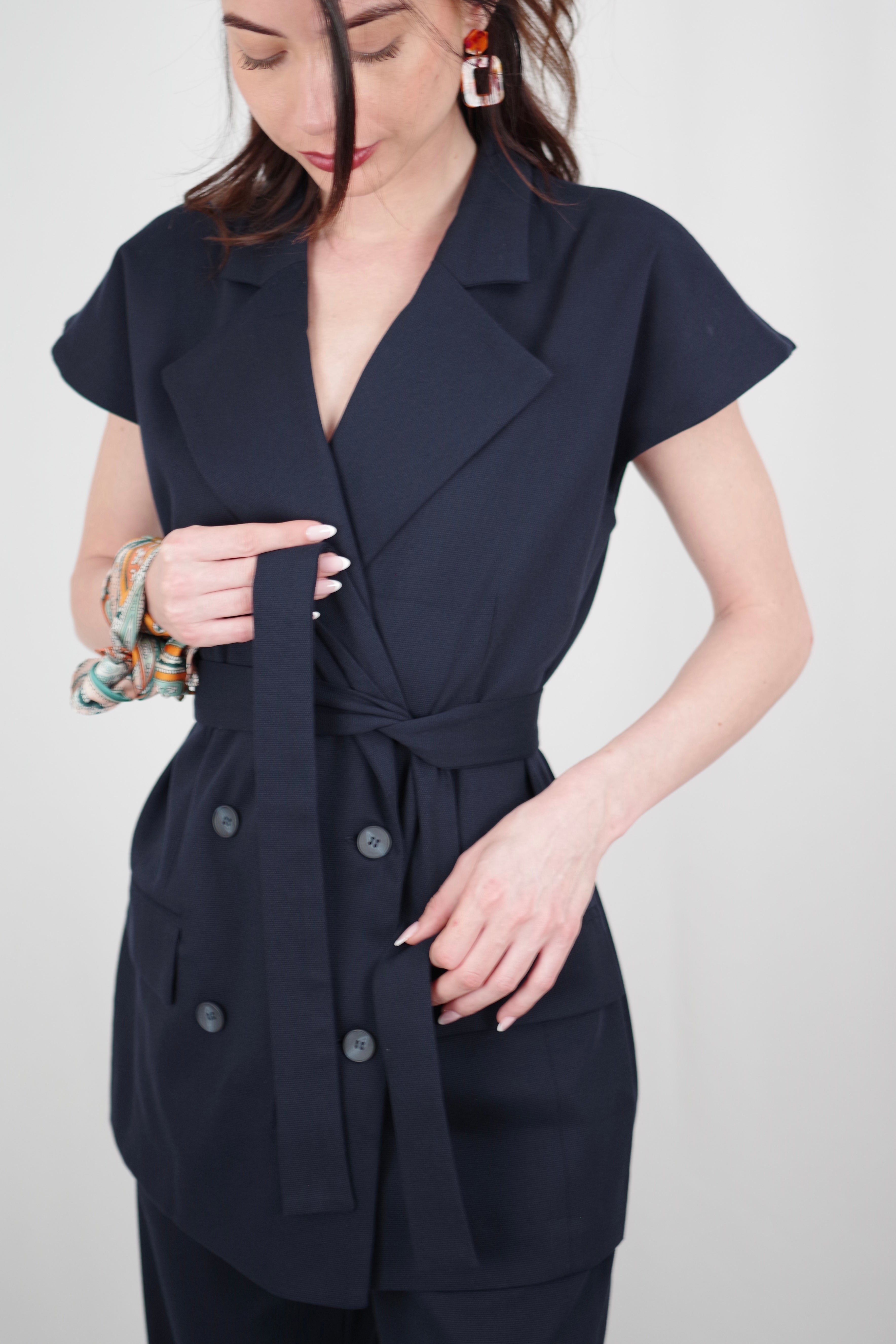 Amélia Women’s Versatile Vest – Short Sleeve, Belted, Navy