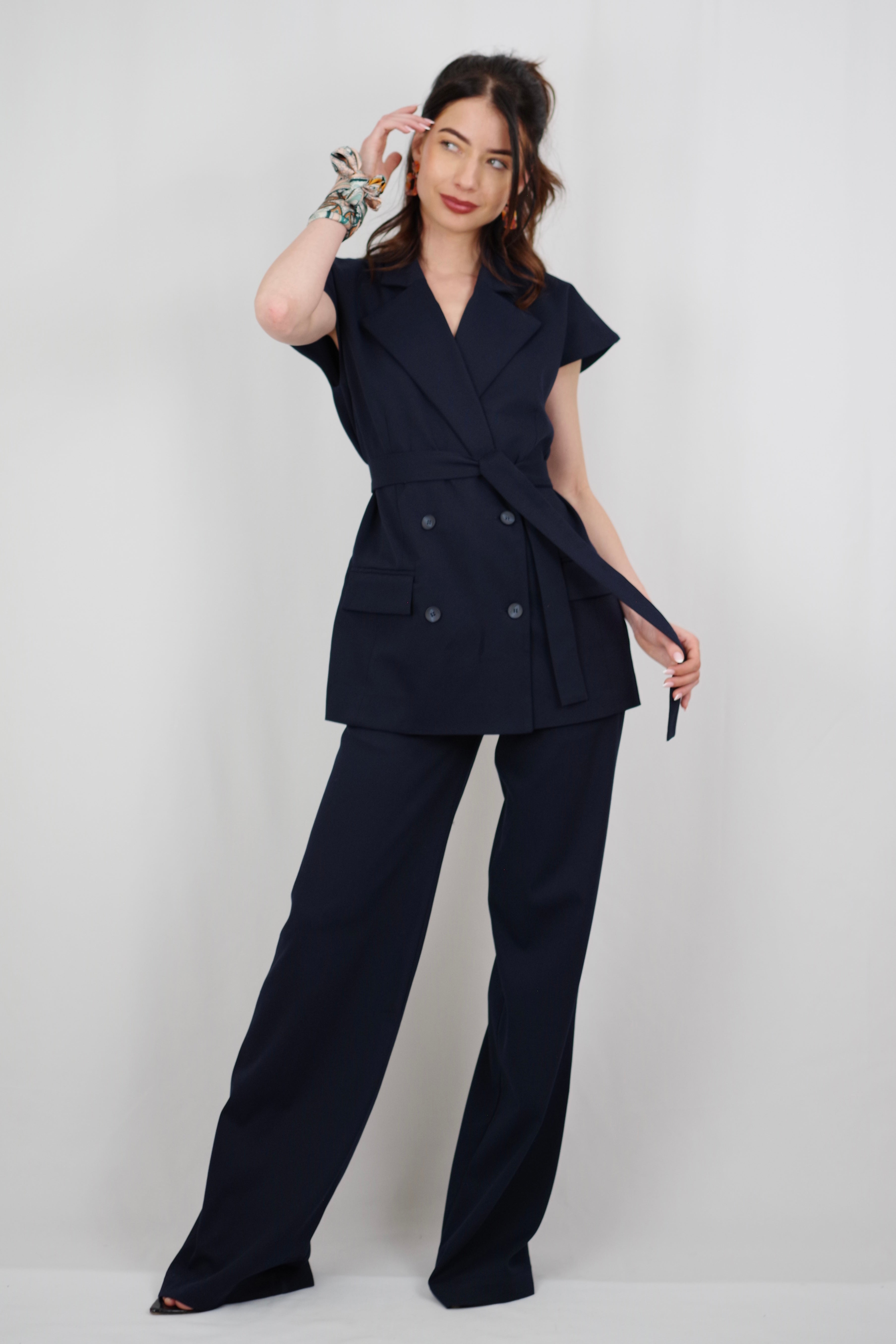 Amélia Women’s Versatile Vest – Short Sleeve, Belted, Navy