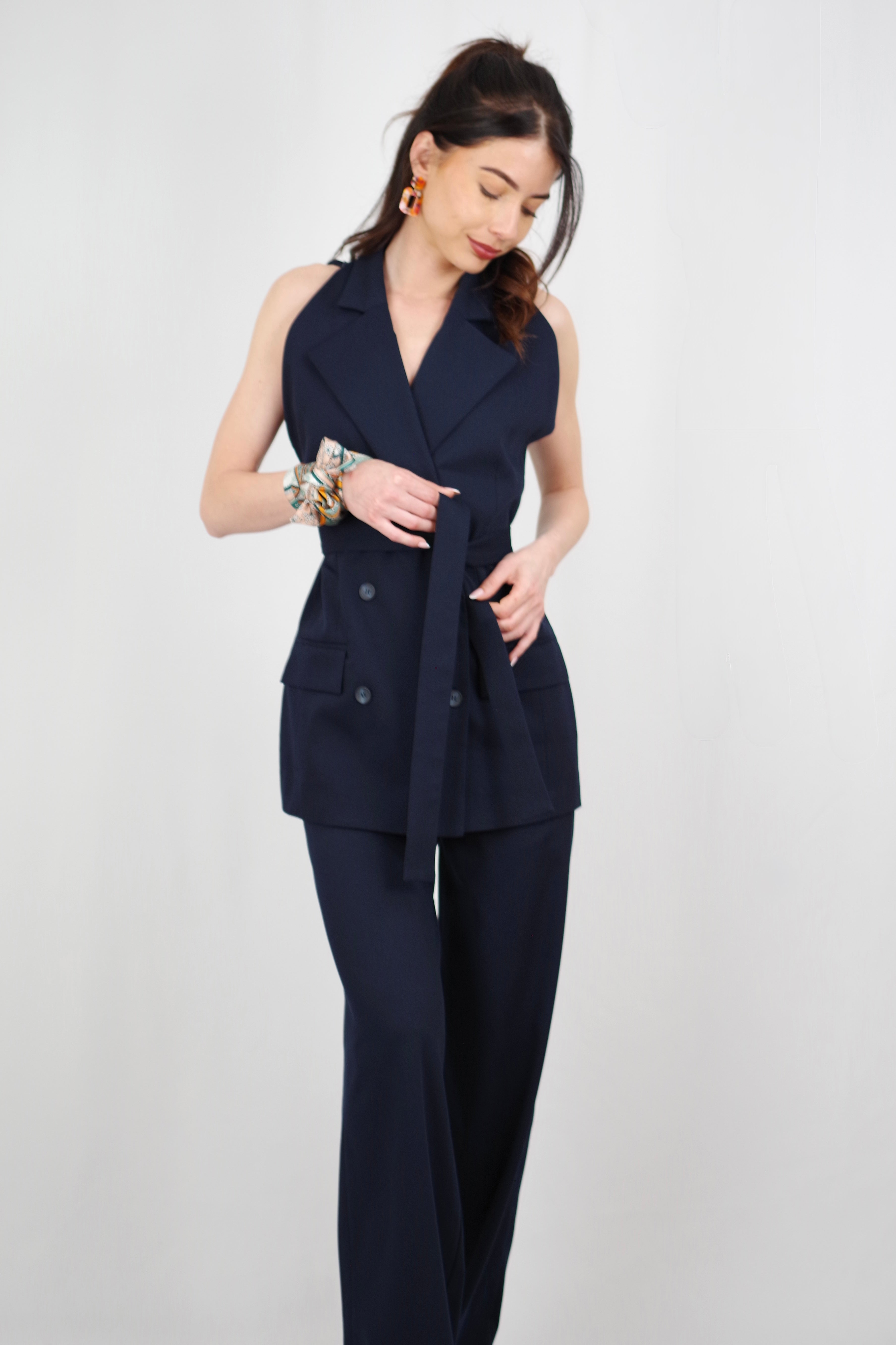 Amélia Women’s Versatile Vest – Short Sleeve, Belted, Navy