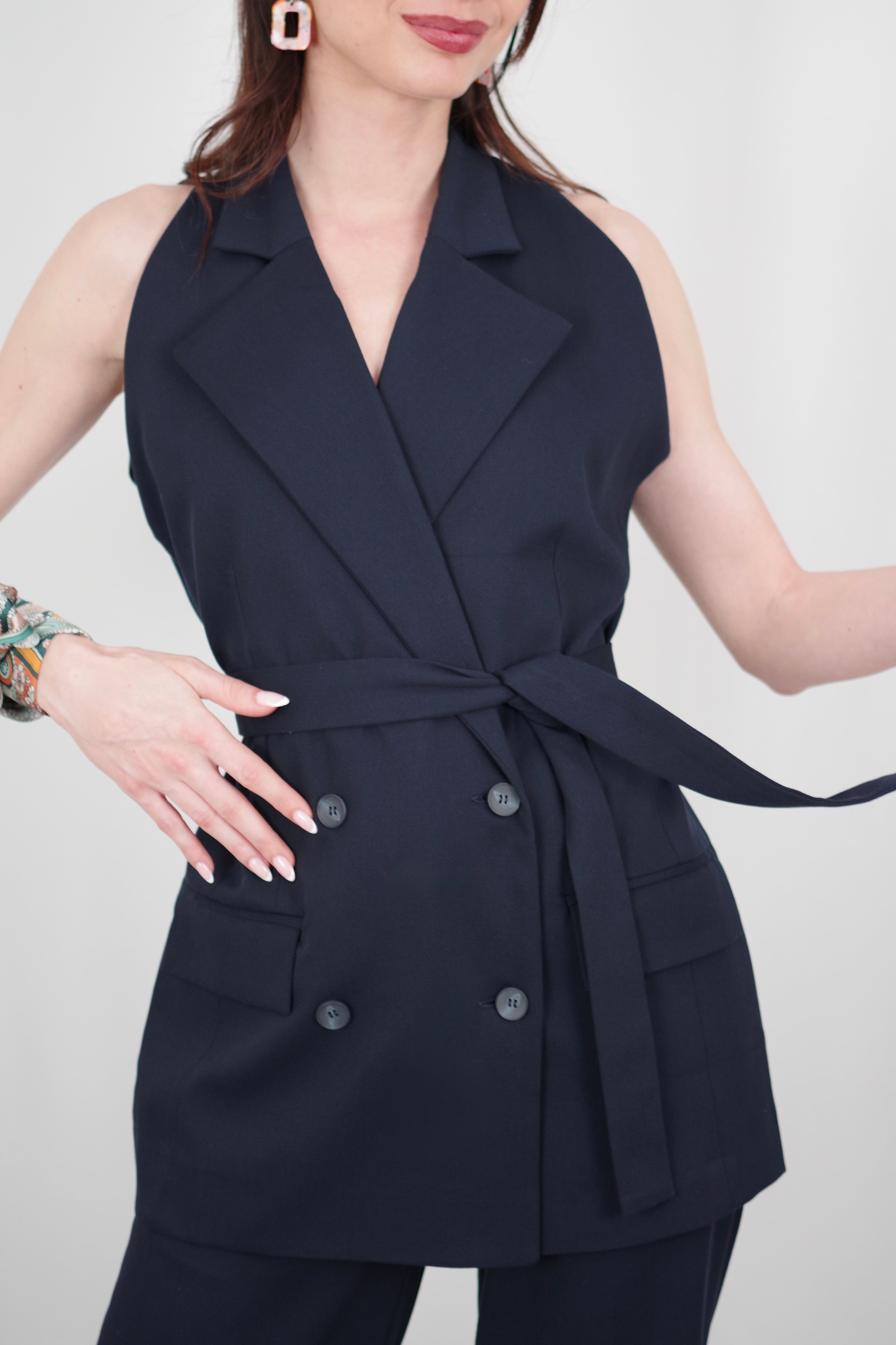 Amélia Women’s Versatile Vest – Short Sleeve, Belted, Navy