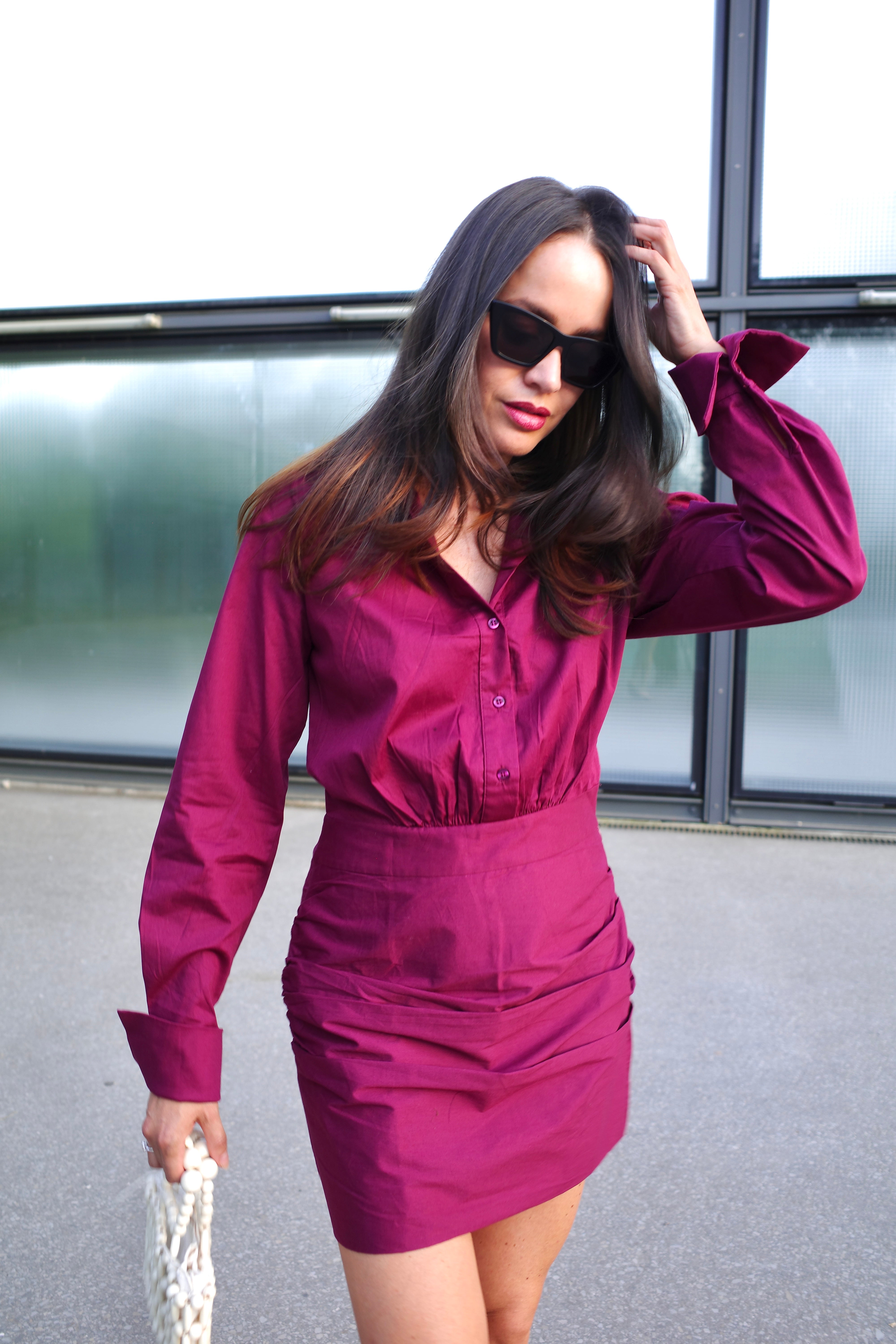 Fuchsia Ruched Shirt Dress Anna