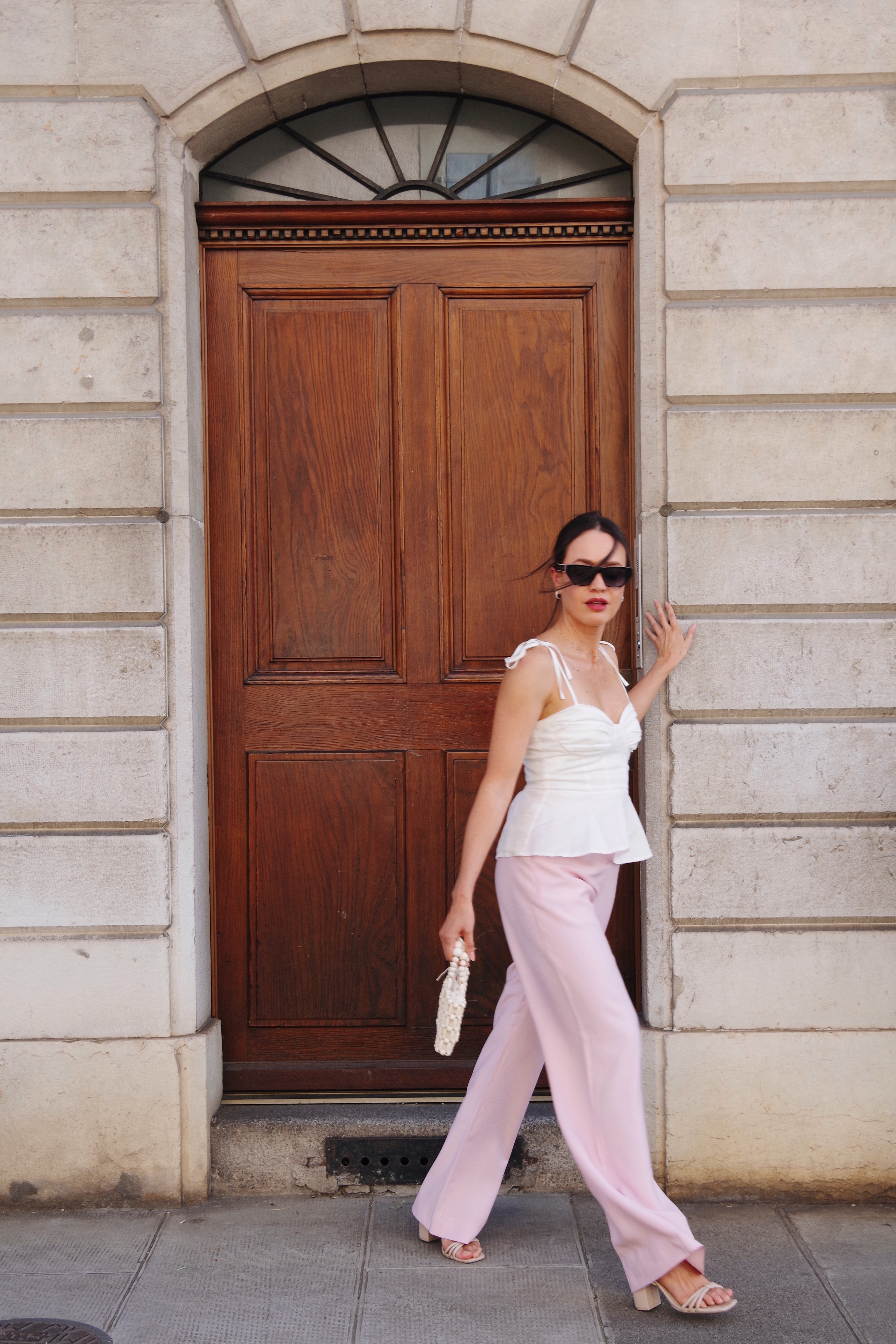 Wide-Leg Tailored Pants (Light Pink) Melanie